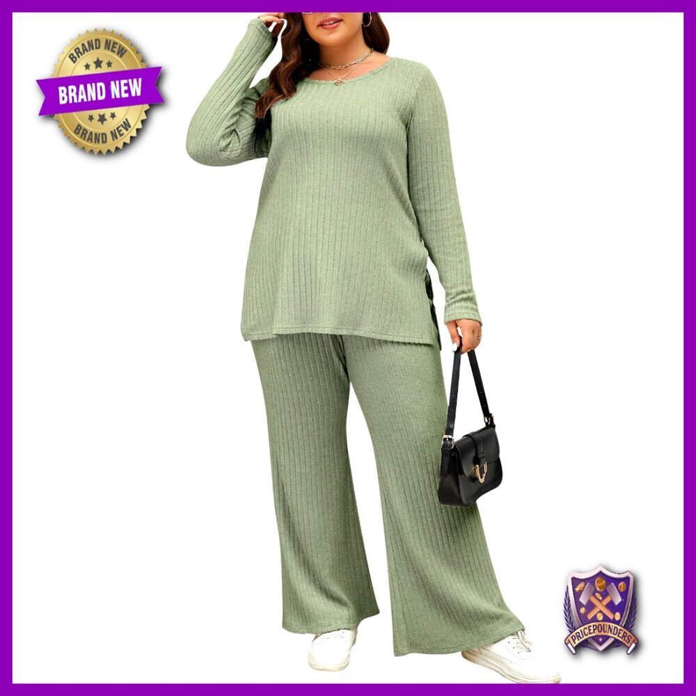 Plus Size Ribbed Knit Tracksuit Set Long Sleeve Top Pants 1XL-5XL